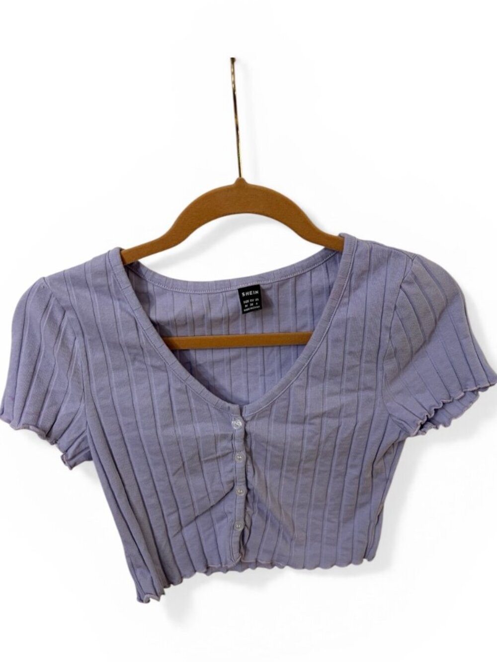 SHEIN Button-Up Rib-Knit Crop Top Lilac Purple Short Sleeve Wmen's 6 - Picture 2 of 5